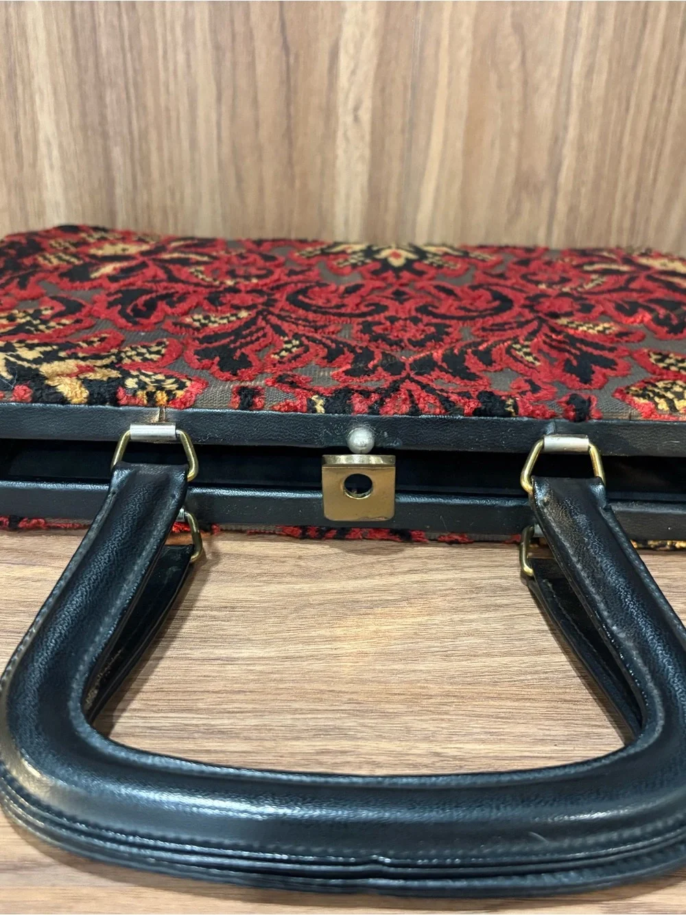 Vintage Red & Black Tapestry Handbag with Gold Accents